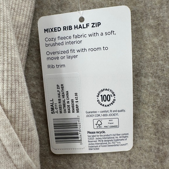 Jockey Mixed Rib Half Zip Sweatshirt Oatmeal Heather Small Fleece Pullover - Picture 6 of 8
